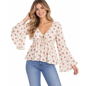 New SEE YOU MONDAY Floral Mesh Tie Front Ruffle Cropped Blouse Large